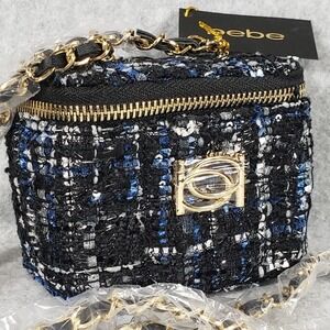 Bebe Black Blue‎ Tweed Mini Vanity Case Crossbody Bag Gold Chain Sequins